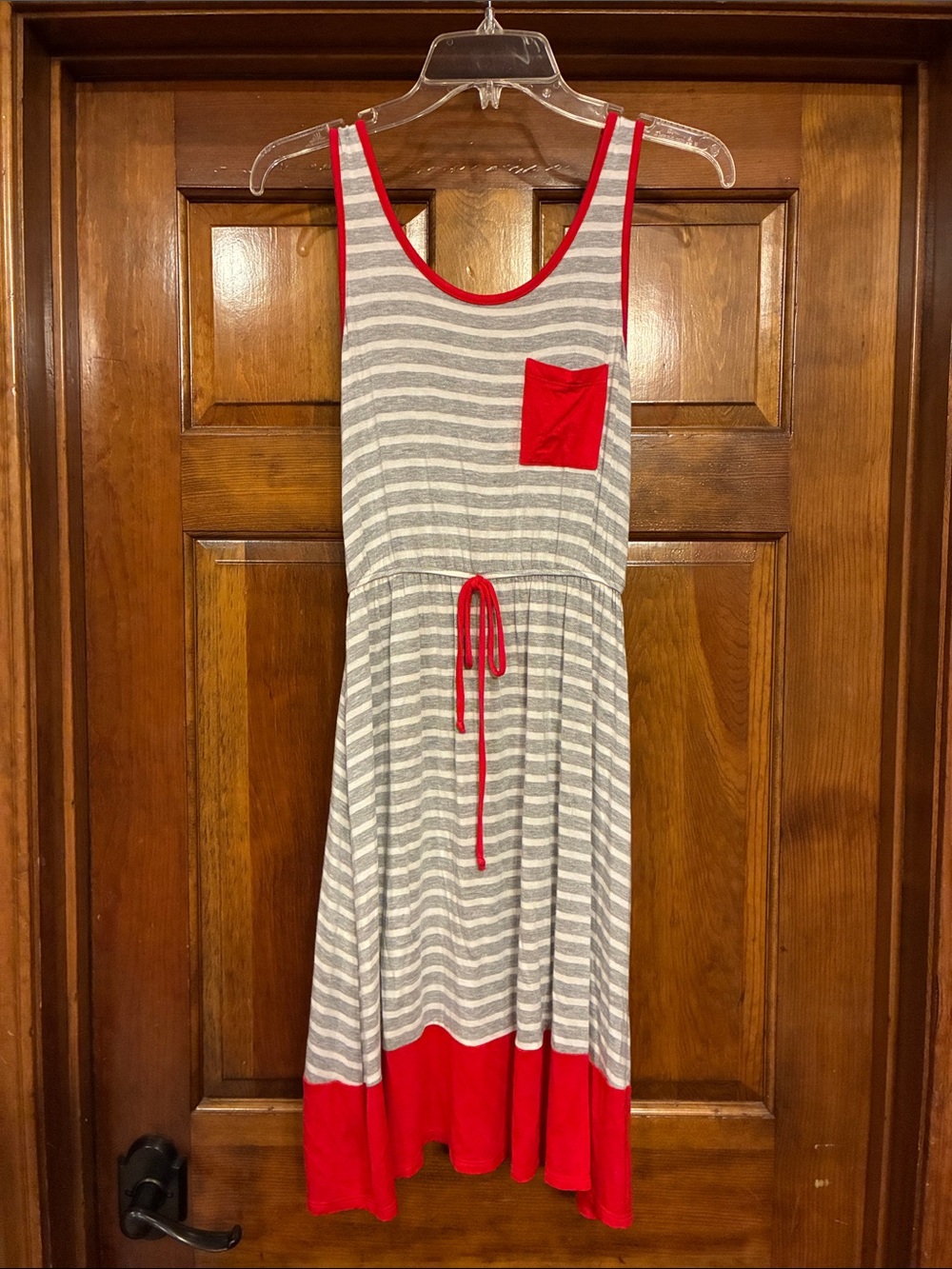 Small Infinity Raine Gray & White Striped Tank Dress with Red Pocket and Border